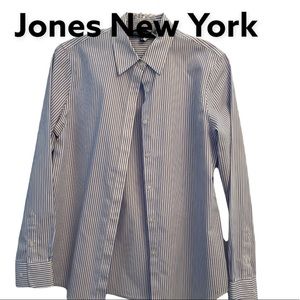 Jones N.Y. Blue and White Striped Button Down Long Sleeve Cotton Shirt S